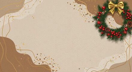 The Christmas wreath, located in the upper right corner, against a background of beige abstract texture with gold accents, gives a festive atmosphere for Thanksgiving!