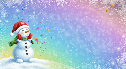 A cartoon snowman in a hat and scarf on a snowdrift, happily watching sparkling snowflakes and streamers against a bright rainbow background.