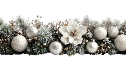 Elegant Christmas garland with frosted fir branches, silver ornaments, and sparkling accents isolated on white background