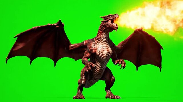 Red dragon flying across frame and breathing flames isolated on green screen fantasy background