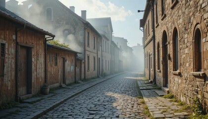 Charming Cobblestone Street Lined With Historic Buildings and Morning Mist in a Serene Village
