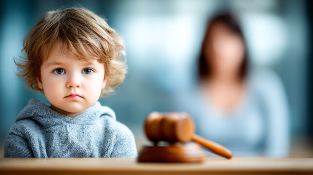 Child with gavel in court. A young child sits quietly at a table with a gavel, appearing serious during a legal discussion. - Powered by Adobe