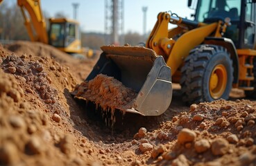 Yellow bulldozer works on industrial site, filling trench with earth. Heavy machinery operates outdoors, leveling land for development. Construction and engineering activity.