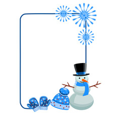 Holiday frame with snowman, mittens, hat, snowflakes, vector illustration
