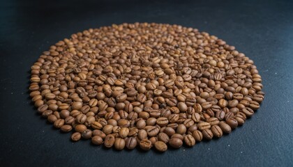 Naklejka premium Coffee Beans Arranged in a Circular Pattern on a Dark Surface Showcasing Their Rich Color and Texture