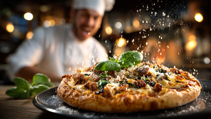 Chef making pizza in cozy eatery. A chef sprinkles herbs on a freshly baked pizza in a lively restaurant kitchen, showcasing culinary skills and passion.