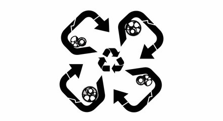 Circular arrows with recycling symbol and gears, symbolizing sustainable industry and environmental renewal.