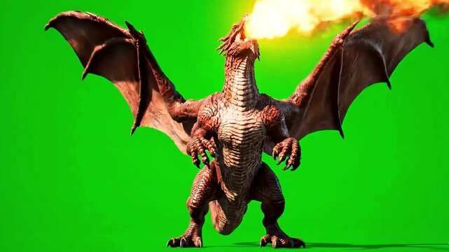 Epic flying fire dragon breathing flames while soaring in the air isolated on green screen background