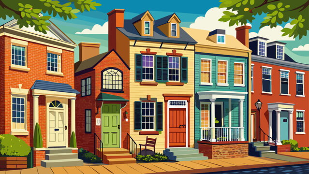 
Very beautiful Spite House in Alexandria Virginia, the narrowest historic home in America, standing charmingly between brick buildings with classic architecture and vibrant street details.