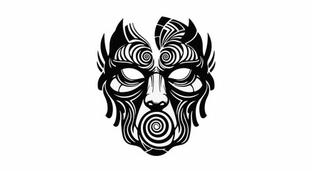 Obraz premium Mysterious tribal mask with intricate swirling patterns on a white background.