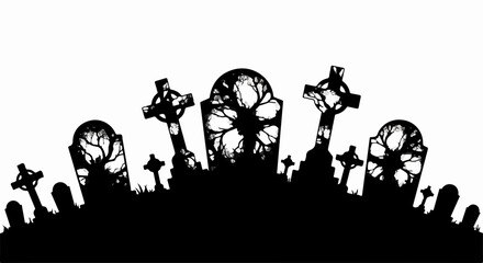 Fototapeta premium Spooky cemetery silhouette with gothic crosses under a pale sky