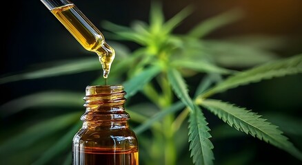 Close-up of a brown glass bottle with a dropper releasing a golden drop of cannabis oil. In the background, a vibrant green cannabis plant is softly blurred. concept of CBD or hemp extract.