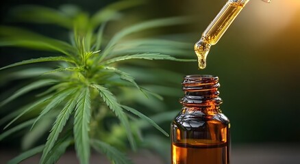 Close-up of a brown glass bottle with a dropper releasing a golden drop of cannabis oil. In the background, a vibrant green cannabis plant is softly blurred. concept of CBD or hemp extract.