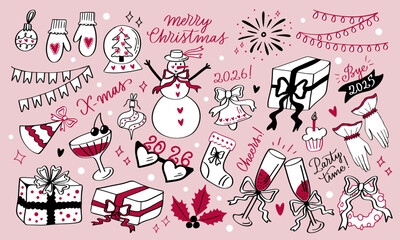 Christmas hand drawn vintage set in coquette core style. Xmas cute graphic elements with ribbons and bows, calligraphic slogans. Snowman, gifts, champagne glasses, decorations, toys. Vector artwork