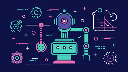 A whimsical illustration of a robotic arm and machinery with gears and graphs on a dark blue background, showcasing automation and technology
