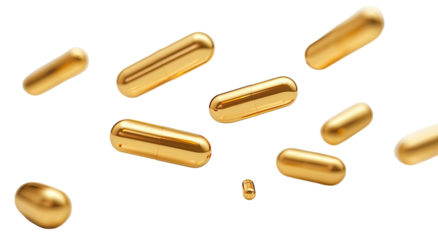 Floating, golden, pill-shaped objects on a stark black background