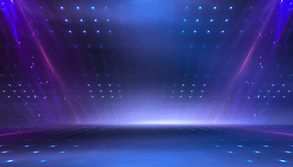 Wet asphalt, reflection of neon lights, a searchlight, smoke. Abstract light in a dark empty street with smoke, smog. Dark background scene of empty street, night view, night city.