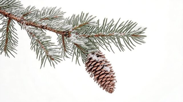 A pine tree branch with a single cone hanging from it, ideal for nature and outdoor themed projects