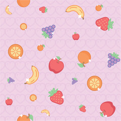 Cute Fruit Seamless Pattern with Strawberries, Bananas, Apples, Oranges and Grapes on Pink Background
