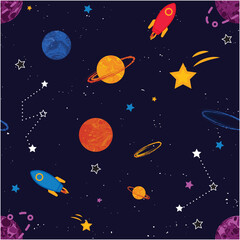 Universe Colorful Outer Space Seamless Pattern with Rockets, Planets, and Stars