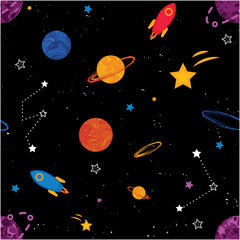 Universe Colorful Outer Space Seamless Pattern with Rockets, Planets, and Stars