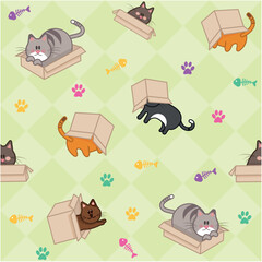 Cute Cats in Boxes Pattern &ndash; Playful Cartoon Kittens with Fish Bones and Paw Prints