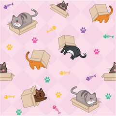 Cute Cats in Boxes Pattern &ndash; Playful Cartoon Kittens with Fish Bones and Paw Prints