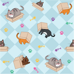 Cute Cats in Boxes Pattern &ndash; Playful Cartoon Kittens with Fish Bones and Paw Prints