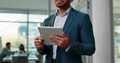 Hands, tablet and business man in office as lawyer with online case information, notes or overview. Male attorney, technology and stylus with internet connection, planning and legal research