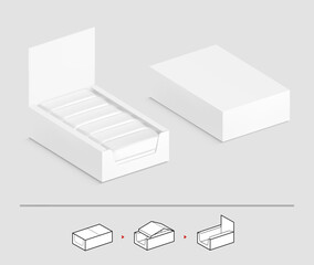 Blank shelf-ready box mockup with set flow packaging for food. Vector illustration on grey background. Ready for your design. EPS10.	