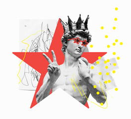 Modern collage of Michelangelo's David wearing a crown and star glasses, red star background, pop art style, creative concept.
