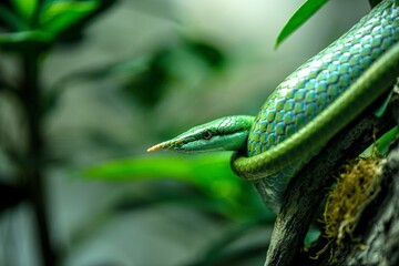 Closeup on a green rhinoceros snake in the jungle