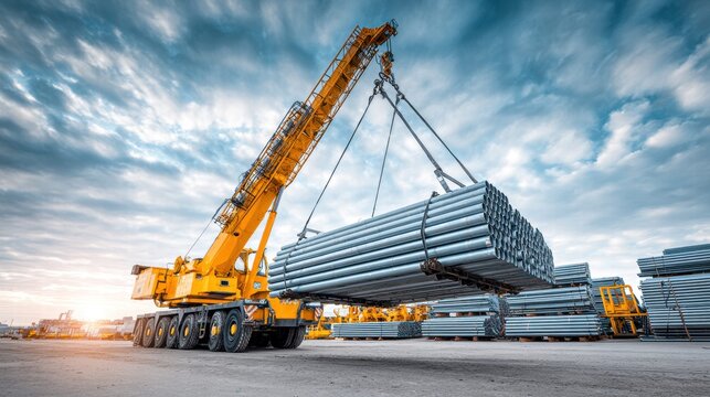 A powerful crane lifts a bundle of steel pipes at a construction site under a dramatic sky.