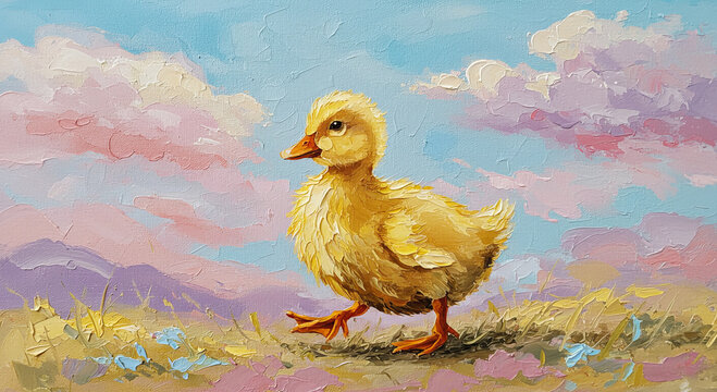 A textured painting of a duckling waddling through a dreamy landscape, blending pastel tones with lively brushwork to evoke playfulness, innocence, and new beginnings.