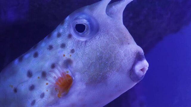 A mesmerizing close-up of a longhorn cowfish, showcasing its unique horns, spotted skin, and orange gill markings against deep blue water. A captivating portrait of marine oddity. Lactoria cornuta