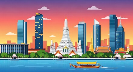 Bangkok skyline illustration Chao Phraya river reflecting Wat Arun temple during a vibrant sunset perfect for travel blog headers and cultural promotions.