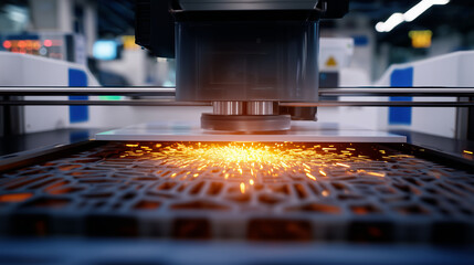 Close-up of a 3D printer creating small plastic components for furniture fittings, glowing orange light