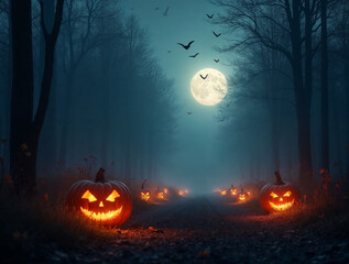 Dark Forest Halloween Wallpaper with Glowing Pumpkins