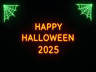 Neon Spider Web Halloween Background with Happy Halloween 2025