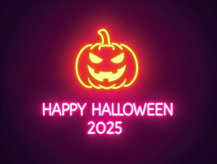 Glowing Neon Pumpkin Halloween Background with Happy Halloween 2025