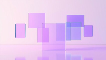 floating translucent rectangles in pastel space with glossy reflections, soft gradients, abstract geometry, modern minimalism, layered depth, purple blue tones, elegant clean visual harmony