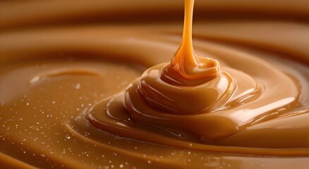 Thick, golden caramel flows smoothly into a pool, with a glossy sheen and small bubbles, highlighting its warm, rich texture and sweet, indulgent appeal.
