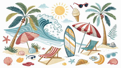 Obraz premium Illustration of a beach scene with palm trees, umbrellas, and beach chairs on a sunny day at the beach