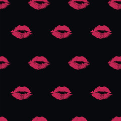 Lips seamless pattern. Red lips on a black background for paper design, gift, wrapping paper, fabric,  Fashion, beauty design. Red lip on black background. Lips print seamless pattern.  Lipstick Kiss