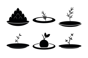 set of black plant silhouettes vector icons
