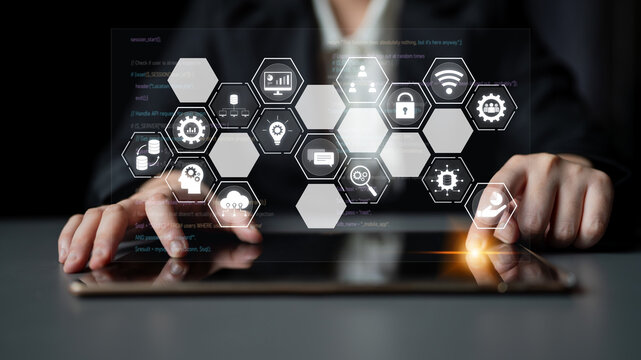 Hexagon interface combining AI, data, analytics, and cybersecurity. AI connects systems, data drives analytics, data supports decisions, and AI enables smart business infrastructure. Latch