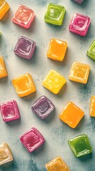 gelatin squares arranged in a playful pattern on a textured surface