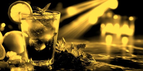 Refreshing iced drink with lemon and mint on a marble surface in a cozy evening setting