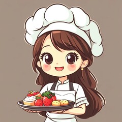 Young chef presents a dessert platter filled with strawberries, cookies, and pastries in a playful kitchen setting