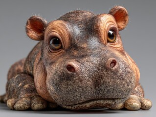 Hippo resting calmly on a grey surface indoors